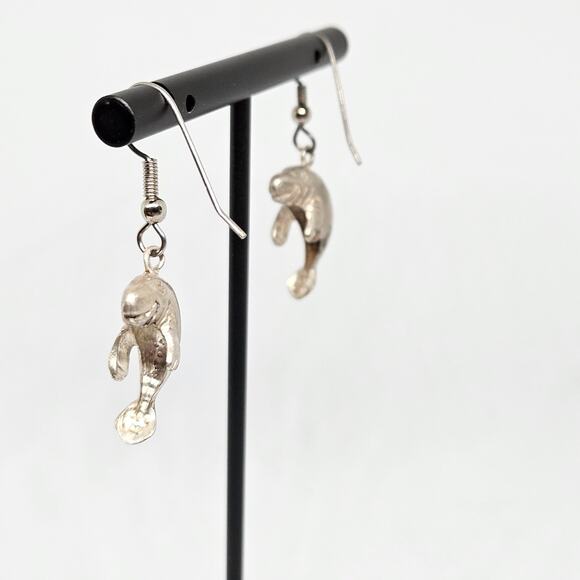 Manatee Gentle Sea Cow Coastal 925 Sterling Silver Dangle Drop Earrings - Picture 5 of 6